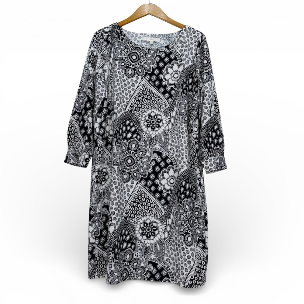 LOFT Monochrome Black White Paisley Floral Print Shift Dress Long Sleeve Size L